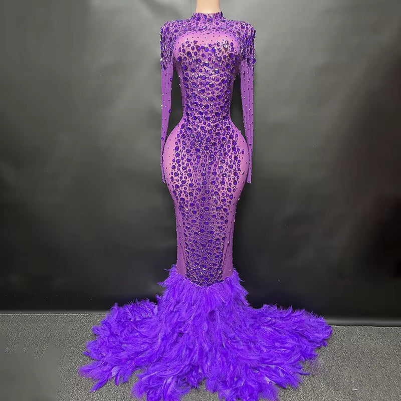 Luxury Shiny Crystal Diamond Elastic Tight Feather Splice Dress Empress Cross Dress Show Luxury Prom Dress Performance Costume