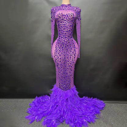 Luxury Shiny Crystal Diamond Elastic Tight Feather Splice Dress Empress Cross Dress Show Luxury Prom Dress Performance Costume