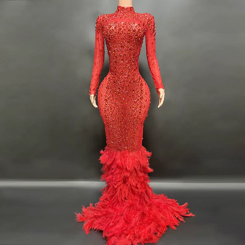 Luxury Shiny Crystal Diamond Elastic Tight Feather Splice Dress Empress Cross Dress Show Luxury Prom Dress Performance Costume
