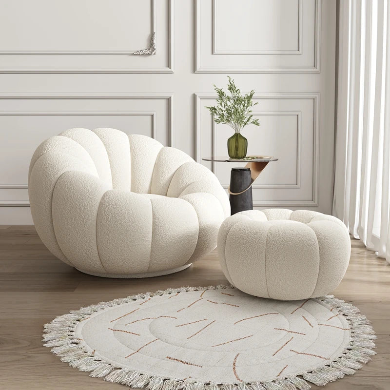 360 Degree Swivel Cream Lazy Sofa Chair Pumpkin Lounge Chair Sherpa Fabric Single Sofa Recliner Cozy Living Room Furniture