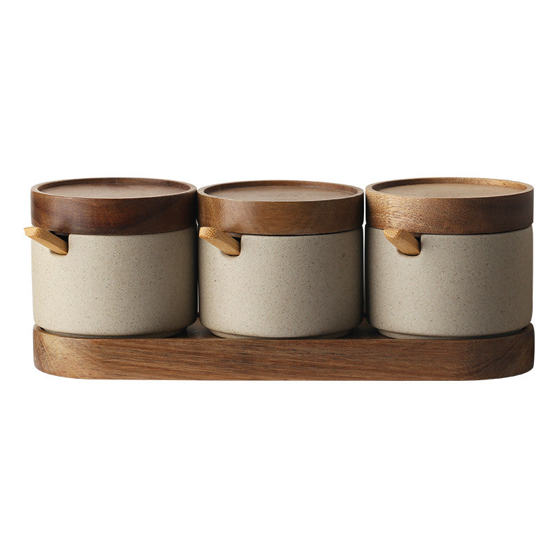 Ceramic Kitchen Seasoning Set: Three-Piece Salt Pot with Acacia Wood Tray and Lid