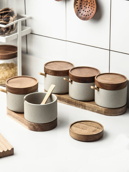 Ceramic Kitchen Seasoning Set: Three-Piece Salt Pot with Acacia Wood Tray and Lid