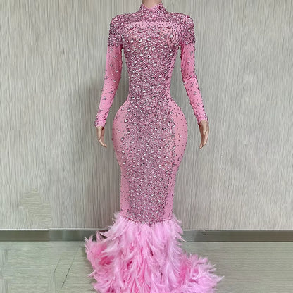 Luxury Shiny Crystal Diamond Elastic Tight Feather Splice Dress Empress Cross Dress Show Luxury Prom Dress Performance Costume