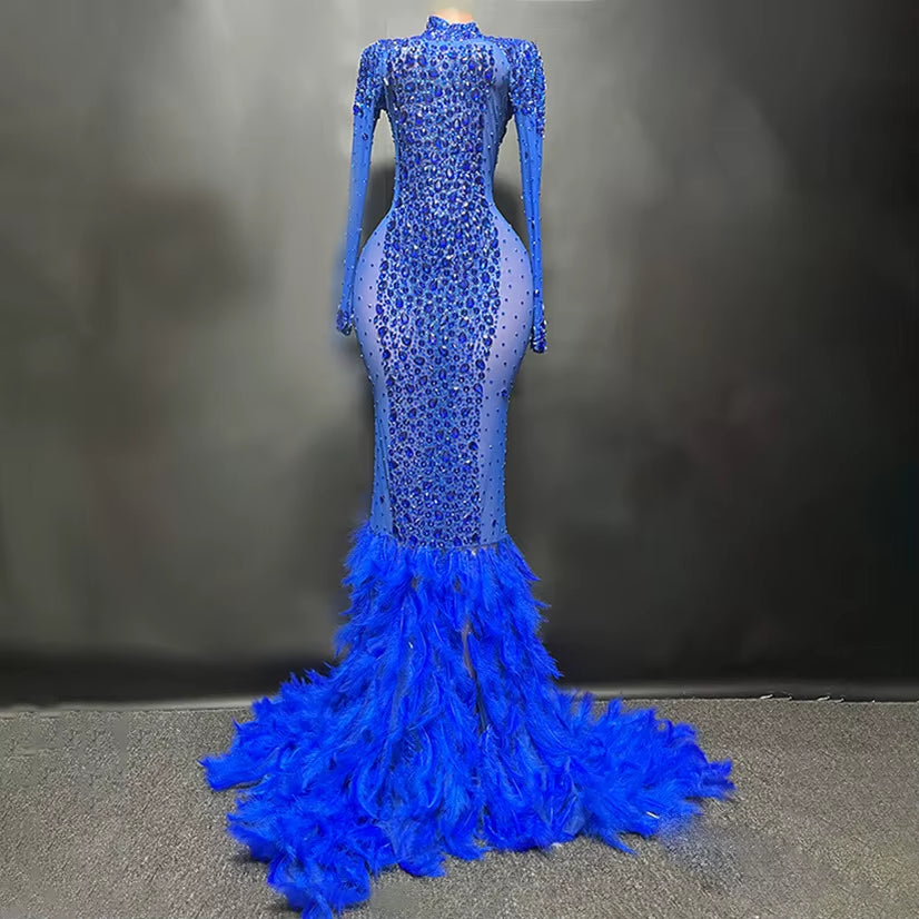 Luxury Shiny Crystal Diamond Elastic Tight Feather Splice Dress Empress Cross Dress Show Luxury Prom Dress Performance Costume