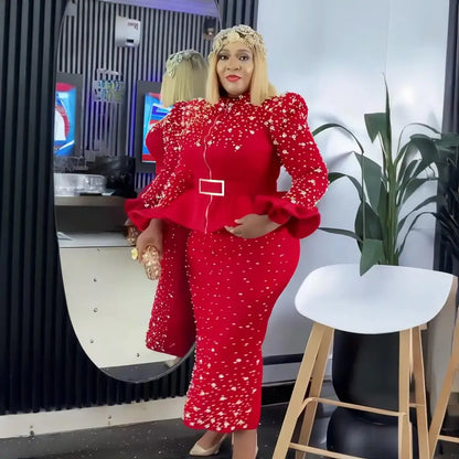Luxury Women'S Elegant Dress Suit Mesh Fabric Turkey Dresses for Women Luxury Rhinestone African Dress