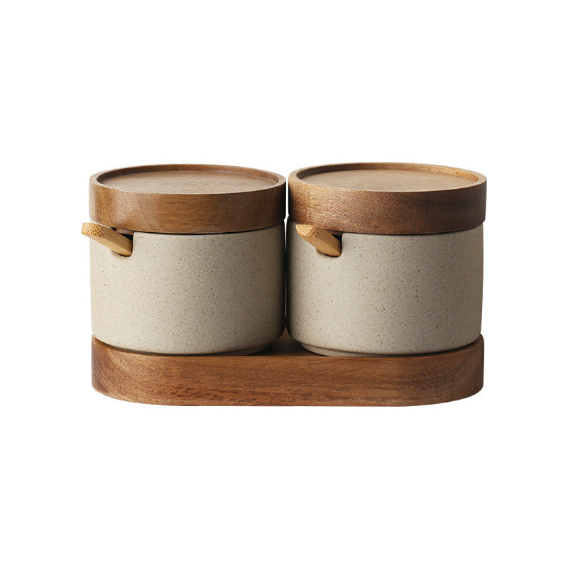 Ceramic Kitchen Seasoning Set: Three-Piece Salt Pot with Acacia Wood Tray and Lid