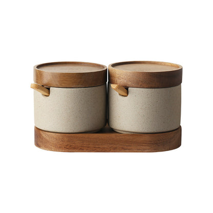 Ceramic Kitchen Seasoning Set: Three-Piece Salt Pot with Acacia Wood Tray and Lid
