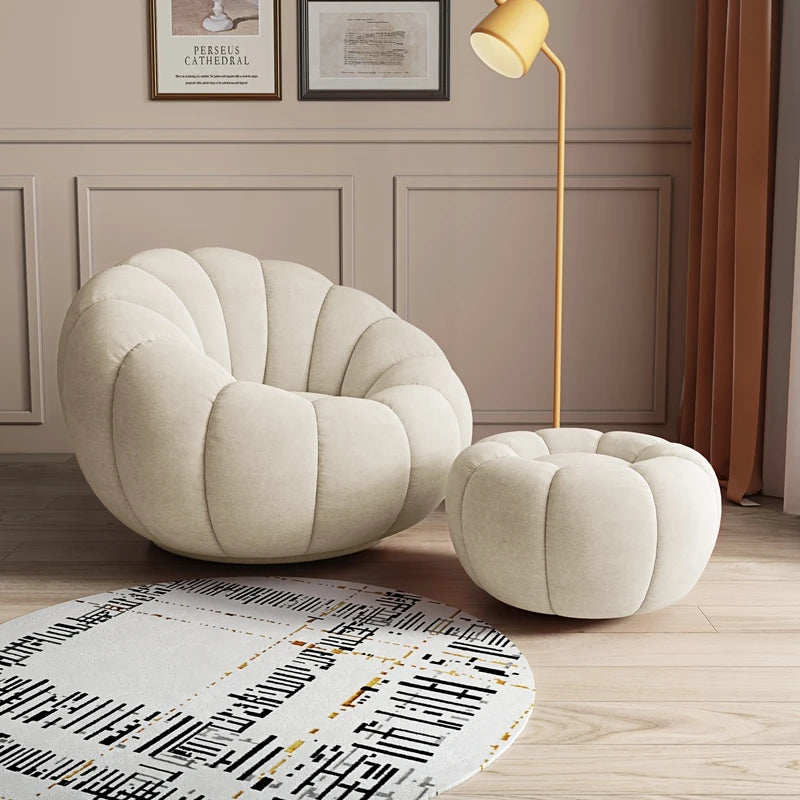 360 Degree Swivel Cream Lazy Sofa Chair Pumpkin Lounge Chair Sherpa Fabric Single Sofa Recliner Cozy Living Room Furniture