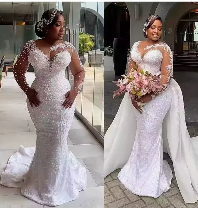Minthson Hot New African Plus-Size Wedding Bride Fish Tail Removable Wedding Dress Embroidery Pearl High Quality Wedding Dress