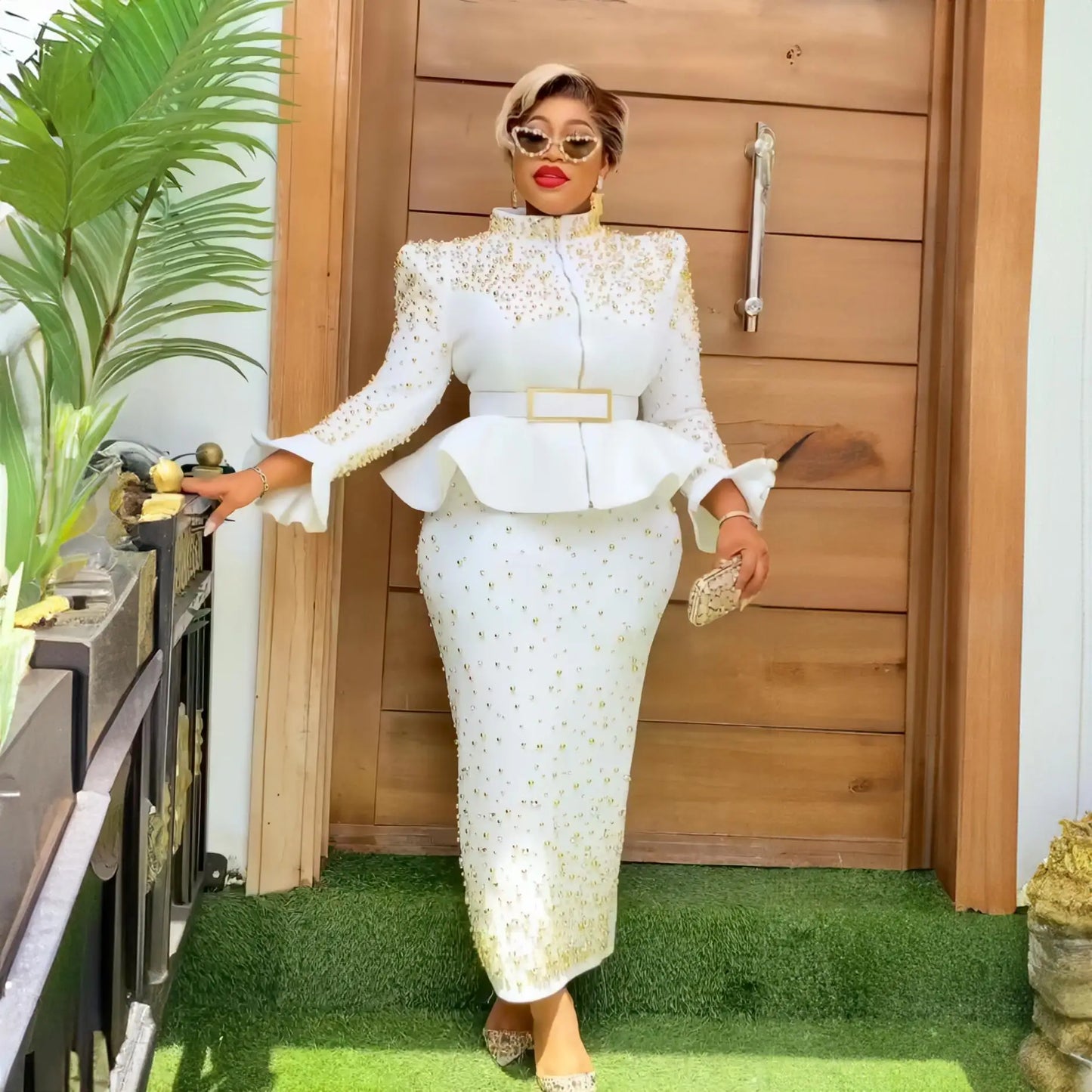 Luxury Women'S Elegant Dress Suit Mesh Fabric Turkey Dresses for Women Luxury Rhinestone African Dress