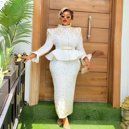 Luxury Women'S Elegant Dress Suit Mesh Fabric Turkey Dresses for Women Luxury Rhinestone African Dress