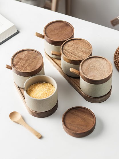 Ceramic Kitchen Seasoning Set: Three-Piece Salt Pot with Acacia Wood Tray and Lid