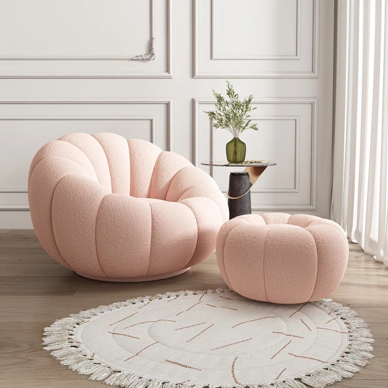 360 Degree Swivel Cream Lazy Sofa Chair Pumpkin Lounge Chair Sherpa Fabric Single Sofa Recliner Cozy Living Room Furniture
