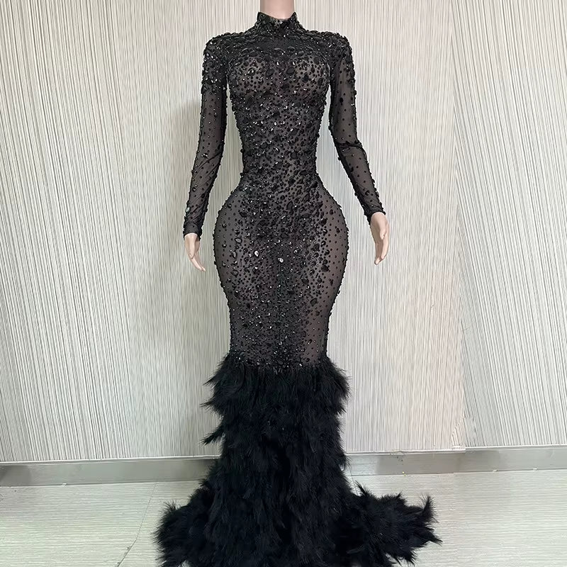 Luxury Shiny Crystal Diamond Elastic Tight Feather Splice Dress Empress Cross Dress Show Luxury Prom Dress Performance Costume