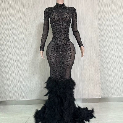 Luxury Shiny Crystal Diamond Elastic Tight Feather Splice Dress Empress Cross Dress Show Luxury Prom Dress Performance Costume