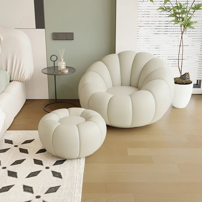360 Degree Swivel Cream Lazy Sofa Chair Pumpkin Lounge Chair Sherpa Fabric Single Sofa Recliner Cozy Living Room Furniture
