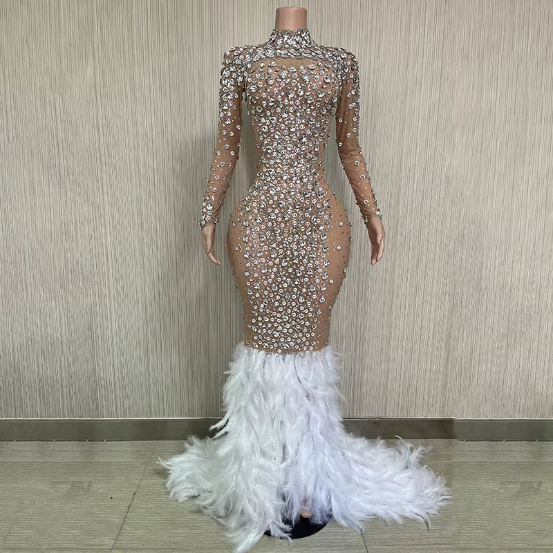 Luxury Shiny Crystal Diamond Elastic Tight Feather Splice Dress Empress Cross Dress Show Luxury Prom Dress Performance Costume