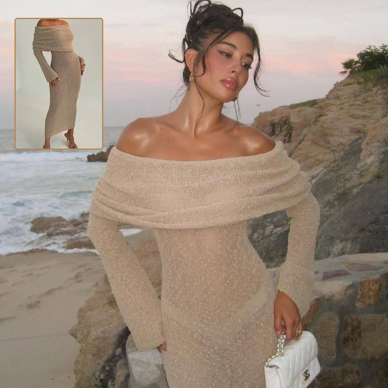 New One-Shoulder Knitted Long-Sleeved Dress Sexy Beach Holiday Long Dresses Womens Clothing