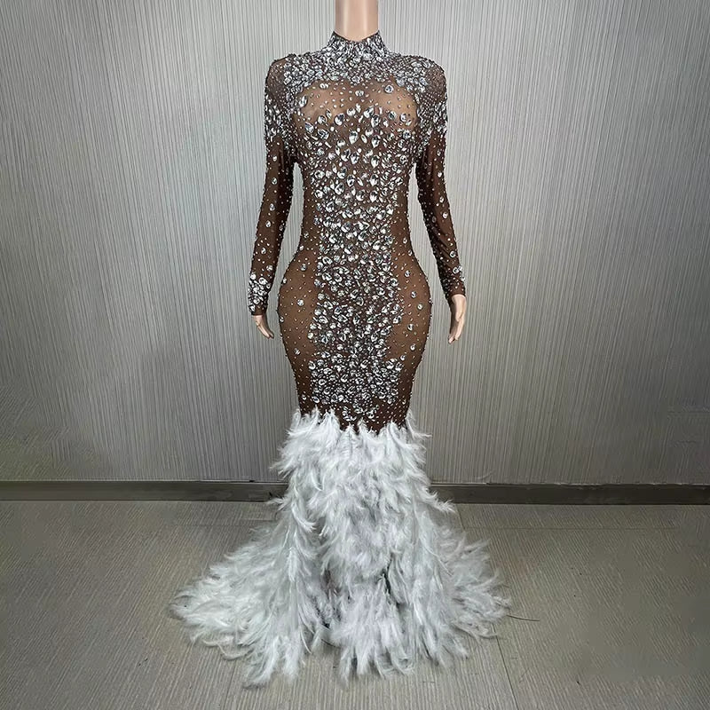 Luxury Shiny Crystal Diamond Elastic Tight Feather Splice Dress Empress Cross Dress Show Luxury Prom Dress Performance Costume