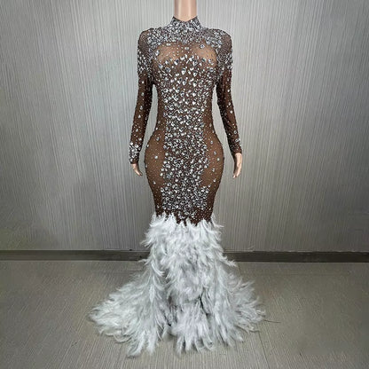 Luxury Shiny Crystal Diamond Elastic Tight Feather Splice Dress Empress Cross Dress Show Luxury Prom Dress Performance Costume