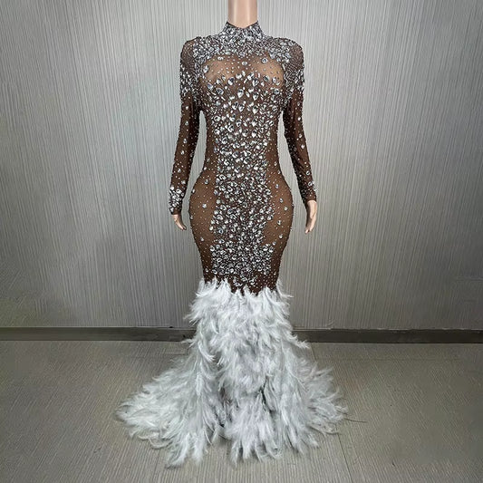 Luxury Shiny Crystal Diamond Elastic Tight Feather Splice Dress Empress Cross Dress Show Luxury Prom Dress Performance Costume