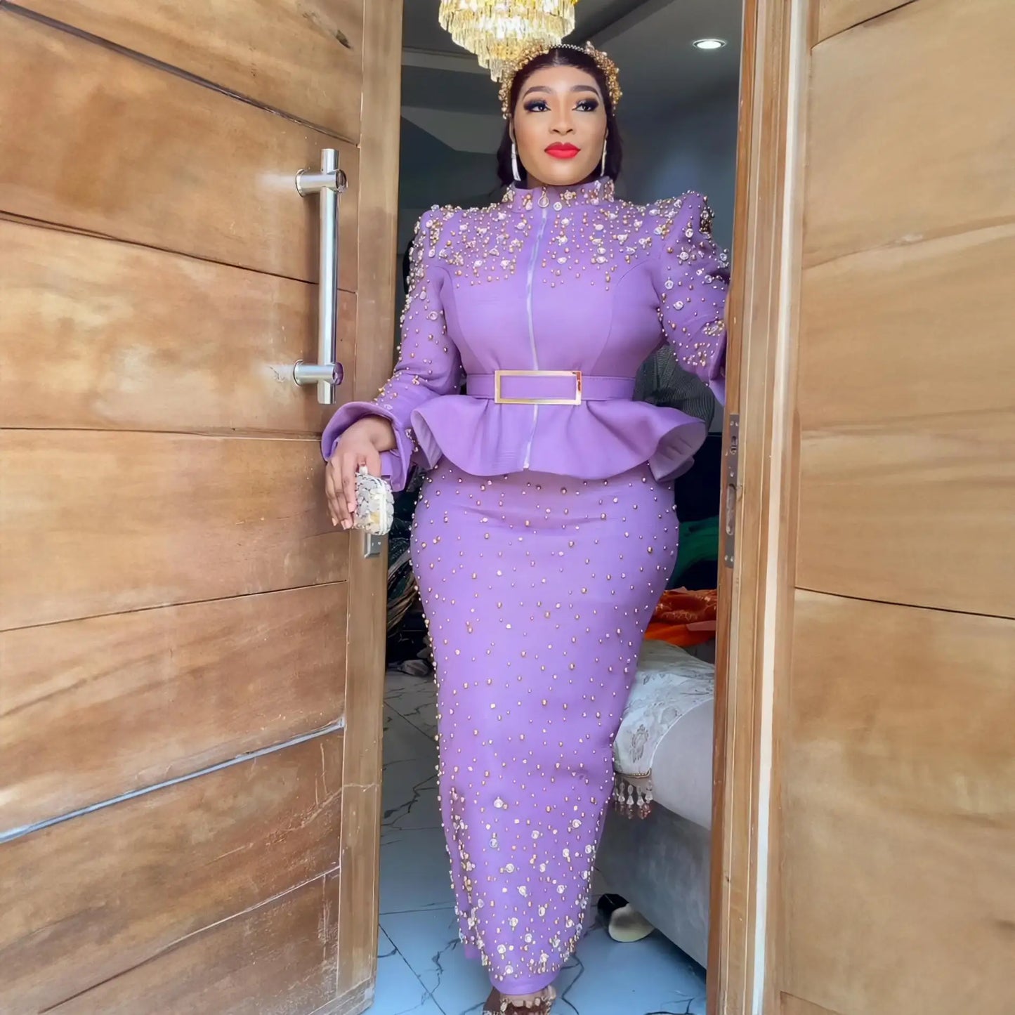 Luxury Women'S Elegant Dress Suit Mesh Fabric Turkey Dresses for Women Luxury Rhinestone African Dress